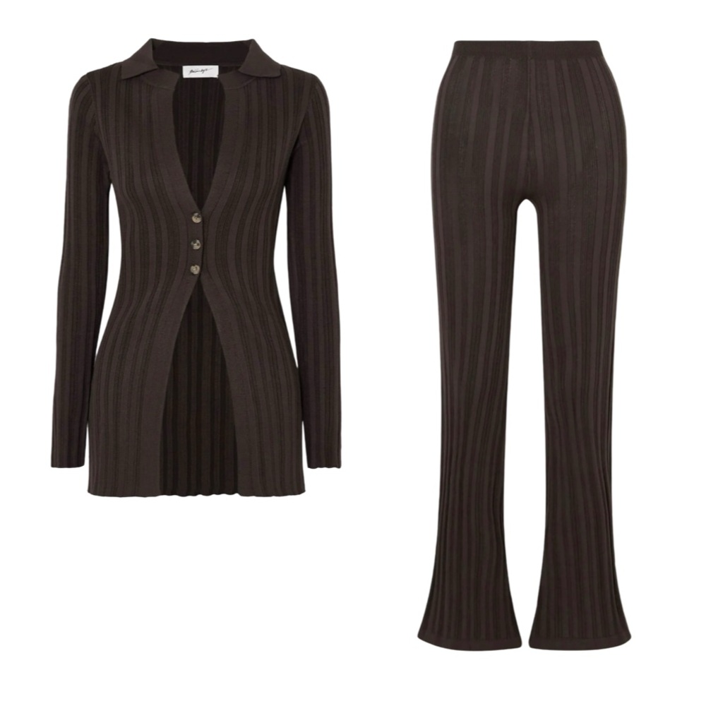 THE LINE BY K Daisy Ribbed-Knit Cardigan & Flared Pants Set Chocolate XS NWT